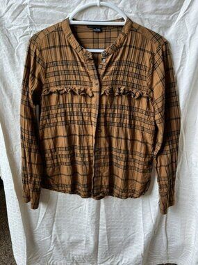 Women's Brown plaid button down cotton long sleeve blouse